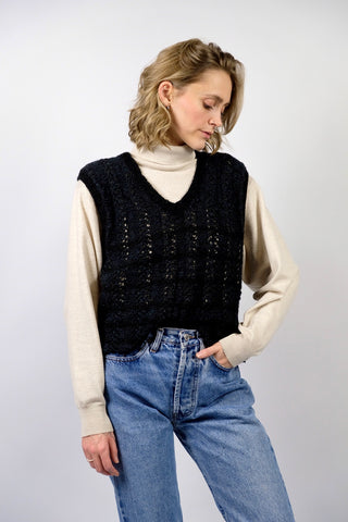 Handmade 90s Pullunder mit V-Kragen in Schwarz und Dunkelgrau mit tollem Lochstrickmuster – tragbar von einer S bis M je nach gewünschter Passform
