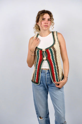 Vintage 70s Schurwolle Boho Weste - XS