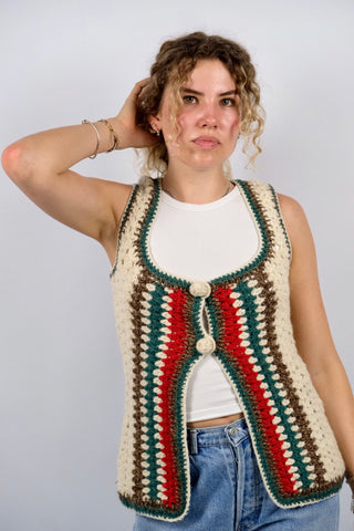 Vintage 70s Schurwolle Boho Weste - XS