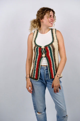 Vintage 70s Schurwolle Boho Weste - XS