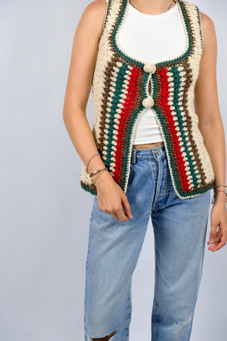 Vintage 70s Schurwolle Boho Weste - XS