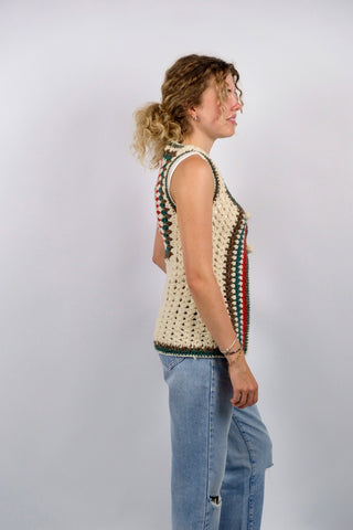 Vintage 70s Schurwolle Boho Weste - XS