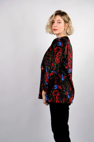 Handmade 80s/90s Blazerjacke aus Samt mit Crazy Pattern in Schwarz, Dunkelgrün, Rot, Dunkelrot, Blau und Gelb – entspricht ca. einer L/XL