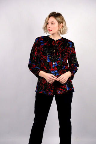 Handmade 80s/90s Blazerjacke aus Samt mit Crazy Pattern in Schwarz, Dunkelgrün, Rot, Dunkelrot, Blau und Gelb – entspricht ca. einer L/XL
