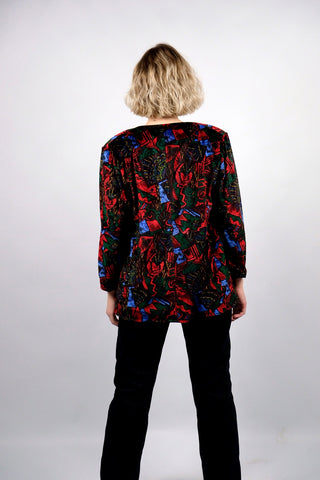 Handmade 80s/90s Blazerjacke aus Samt mit Crazy Pattern in Schwarz, Dunkelgrün, Rot, Dunkelrot, Blau und Gelb – entspricht ca. einer L/XL