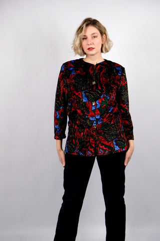 Handmade 80s/90s Blazerjacke aus Samt mit Crazy Pattern in Schwarz, Dunkelgrün, Rot, Dunkelrot, Blau und Gelb – entspricht ca. einer L/XL