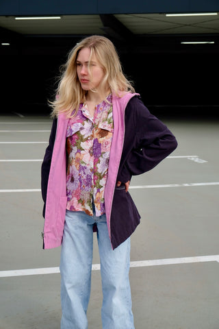 Vintage 90s Wendejacke mit Kapuze Rosa & Graublau - M