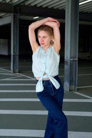 Vintage 90s Ramie & Baumwolle Crop Bluse zum Knoten Mint - S/M