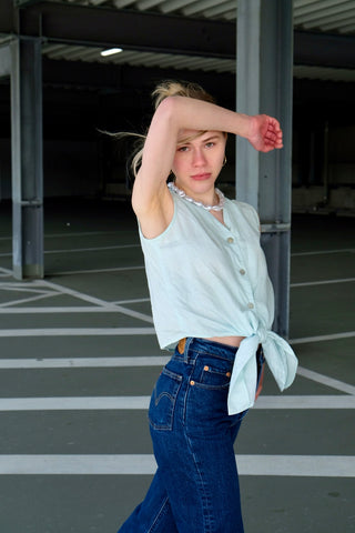 Vintage 90s Ramie & Baumwolle Crop Bluse zum Knoten Mint - S/M