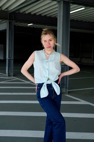 Vintage 90s Ramie & Baumwolle Crop Bluse zum Knoten Mint - S/M
