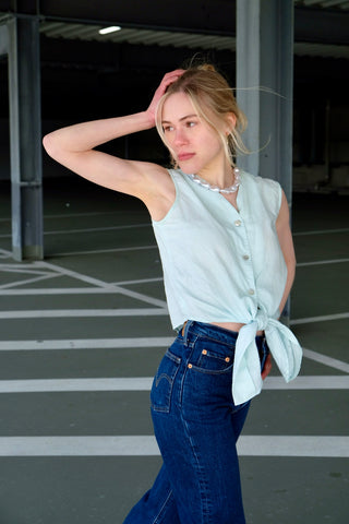 Vintage 90s Ramie & Baumwolle Crop Bluse zum Knoten Mint - S/M