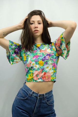 Vintage 80s/90s Blumen Print Crop Shirt-Bluse - XXS