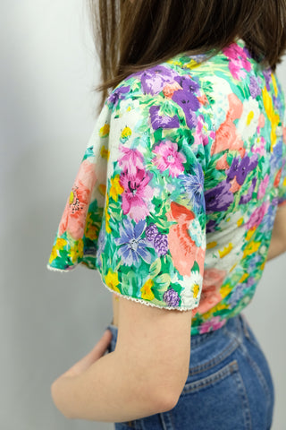 Vintage 80s/90s Blumen Print Crop Shirt-Bluse - XXS