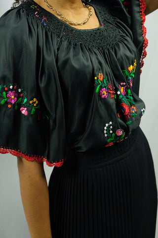 Vintage 70s Handmade Boho Bluse mit Blumenstickerei - Onesize