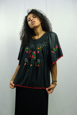 Vintage 70s Handmade Boho Bluse mit Blumenstickerei - Onesize