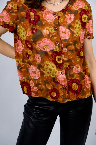 80s/90s Handmade Viskose mit floralem Print in Cognacbraun, Dunkelrot, Rosa, Hellgrün und Grau – entspricht ca. einer heutigen S/M