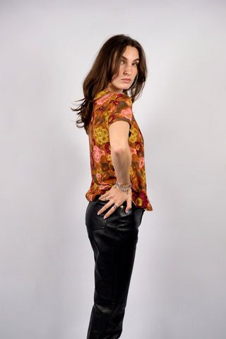 80s/90s Handmade Viskose mit floralem Print in Cognacbraun, Dunkelrot, Rosa, Hellgrün und Grau – entspricht ca. einer heutigen S/M