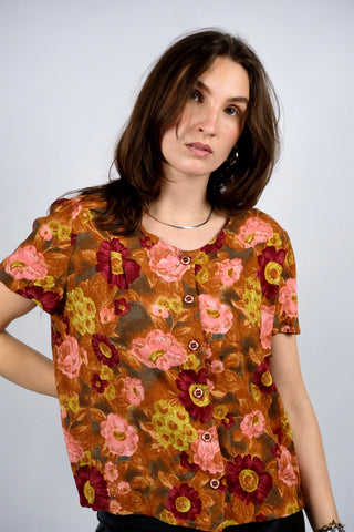 80s/90s Handmade Viskose mit floralem Print in Cognacbraun, Dunkelrot, Rosa, Hellgrün und Grau – entspricht ca. einer heutigen S/M