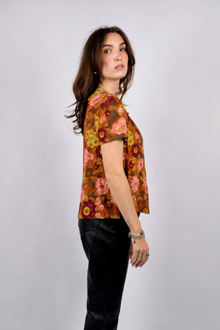 80s/90s Handmade Viskose mit floralem Print in Cognacbraun, Dunkelrot, Rosa, Hellgrün und Grau – entspricht ca. einer heutigen S/M