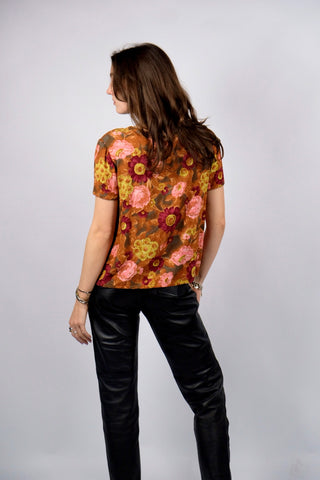 80s/90s Handmade Viskose mit floralem Print in Cognacbraun, Dunkelrot, Rosa, Hellgrün und Grau – entspricht ca. einer heutigen S/M