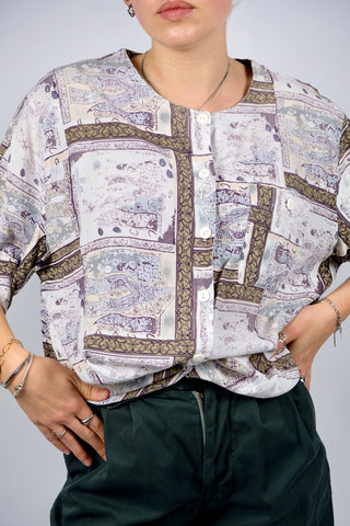 Vintage 80s/90s Boho Crazy Pattern Viskose Bluse - XL