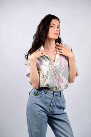 80s/90s Viskose Bluse mit Crazy Pattern Print in tollen Farben (Mauve/Flieder, Mint, Braun und Weiß) – ideal für eine S bis M und ein absolutes Highlight