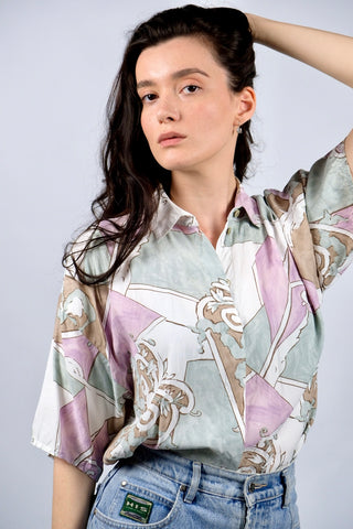 80s/90s Viskose Bluse mit Crazy Pattern Print in tollen Farben (Mauve/Flieder, Mint, Braun und Weiß) – ideal für eine S bis M und ein absolutes Highlight