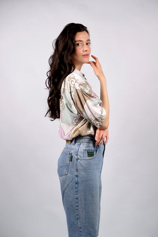 80s/90s Viskose Bluse mit Crazy Pattern Print in tollen Farben (Mauve/Flieder, Mint, Braun und Weiß) – ideal für eine S bis M und ein absolutes Highlight