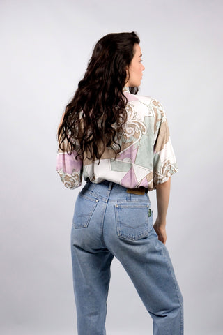 80s/90s Viskose Bluse mit Crazy Pattern Print in tollen Farben (Mauve/Flieder, Mint, Braun und Weiß) – ideal für eine S bis M und ein absolutes Highlight