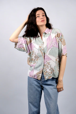 80s/90s Viskose Bluse mit Crazy Pattern Print in tollen Farben (Mauve/Flieder, Mint, Braun und Weiß) – ideal für eine S bis M und ein absolutes Highlight