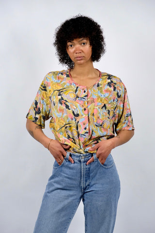 80s/90s Viskose Bluse mit Crazy Pattern Print in Hellgrün/Olivgrün, Orange/Gelb, Rosa, Hellblau, Mauve, Anthrazit und Weiß – Größe L