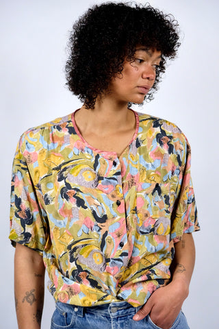 80s/90s Viskose Bluse mit Crazy Pattern Print in Hellgrün/Olivgrün, Orange/Gelb, Rosa, Hellblau, Mauve, Anthrazit und Weiß – Größe L