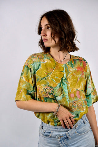 Vintage 80s/90s Crazy Pattern Viskose Bluse - M