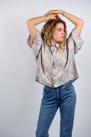 Vintage 80s/90s Upcycling Crop Crazy Pattern Seidenhemd - XL