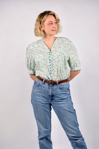 Vintage 80s Baumwolle Mix Blümchen Print Bluse - L bis 3XL