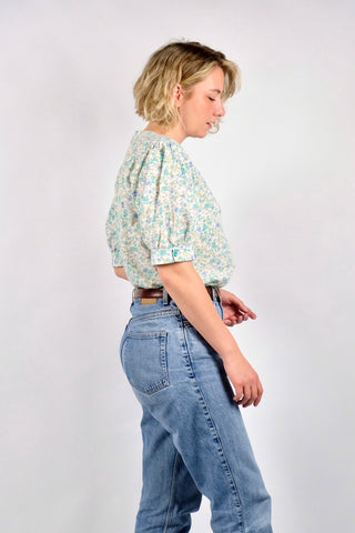 Vintage 80s Baumwolle Mix Blümchen Print Bluse - L bis 3XL