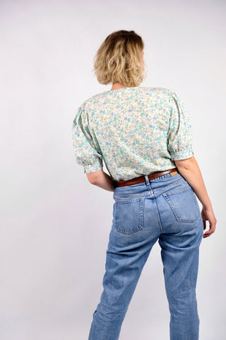 Vintage 80s Baumwolle Mix Blümchen Print Bluse - L bis 3XL