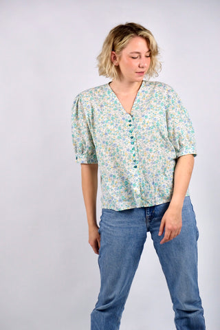 Vintage 80s Baumwolle Mix Blümchen Print Bluse - L bis 3XL