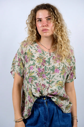 Vintage 80s/90s Blumen Print Viskose Bluse - S/M