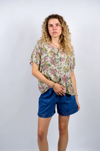Vintage 80s/90s Blumen Print Viskose Bluse - S/M