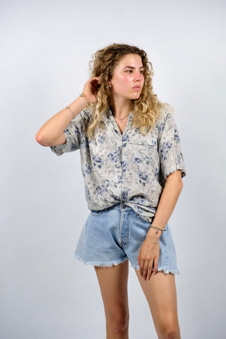 Vintage 80s/90s Floral Crazy Pattern Seide Hemdbluse - L