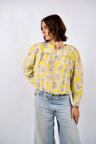 Traumhafte 80s Shirt-Bluse im Bomber-Schnitt mit floralem Print in Gelb und Grautönen – Größe S und ein absolutes Highlight