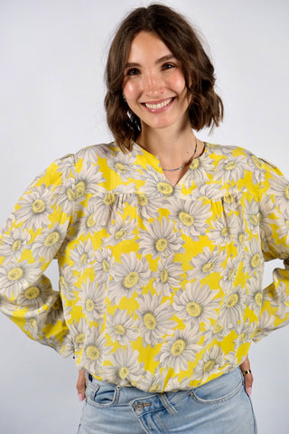 Traumhafte 80s Shirt-Bluse im Bomber-Schnitt mit floralem Print in Gelb und Grautönen – Größe S und ein absolutes Highlight
