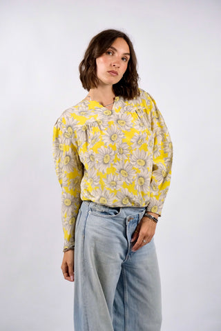Traumhafte 80s Shirt-Bluse im Bomber-Schnitt mit floralem Print in Gelb und Grautönen – Größe S und ein absolutes Highlight