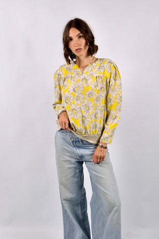 Traumhafte 80s Shirt-Bluse im Bomber-Schnitt mit floralem Print in Gelb und Grautönen – Größe S und ein absolutes Highlight