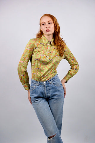 Vintage 70s Boho Kamel Print Baumwollbluse - XS/S
