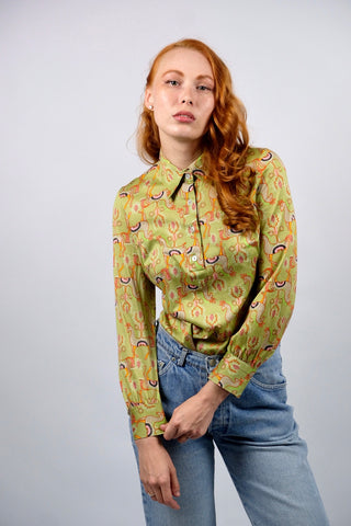 Vintage 70s Boho Kamel Print Baumwollbluse - XS/S