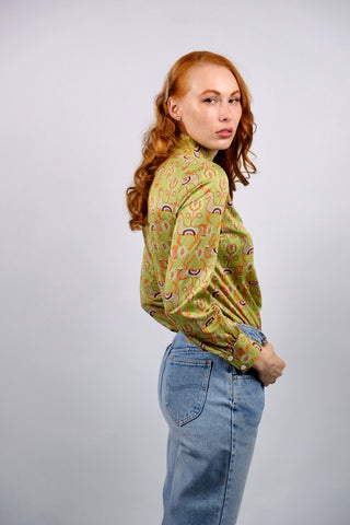 Vintage 70s Boho Kamel Print Baumwollbluse - XS/S