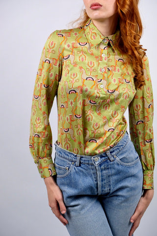 Vintage 70s Boho Kamel Print Baumwollbluse - XS/S