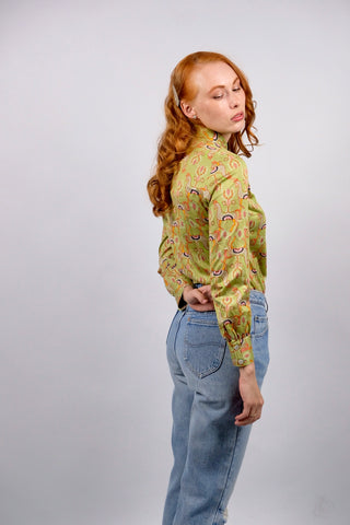 Vintage 70s Boho Kamel Print Baumwollbluse - XS/S